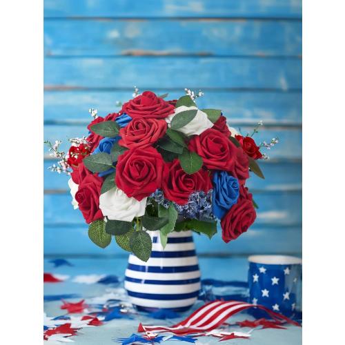 InnoGear Artificial Flowers, 50 Pcs Dark Red Foam Fake Roses Bulk with Stems for Decoration Celebration DIY Wedding Bouquets Centerpieces Bridal Shower Party Christmas Tree