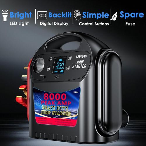 8000A 12V/24V Jump Starter for Large Gas & Diesel Engines, Heavy-Duty Portable Battery Booster Pack for Trucks, RVs & Commercial Vehicles with Force Start, Digital Display, LED Light & USB Charging