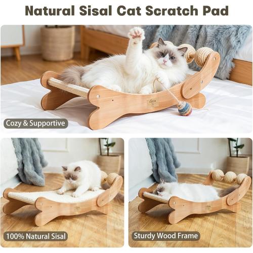 ‼️has mild fur ‼️Sisal Cat Scratcher Bed with 3 Toy Balls for Indoor Cats, Durable Wooden 3-in-1 Hammock Lounge & Scratch Pad - Modern Furniture for Large Cats, Scratching Post Lounger