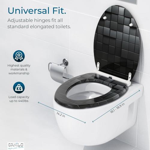 Sanilo Wooden Toilet Seat with Quick Release & Soft Close [ELONGATED] - Decorative & Slow Close Molded Wood Seat - With One Click for Easy Installation & Cleaning - With Adjustable Fit (Cube)
