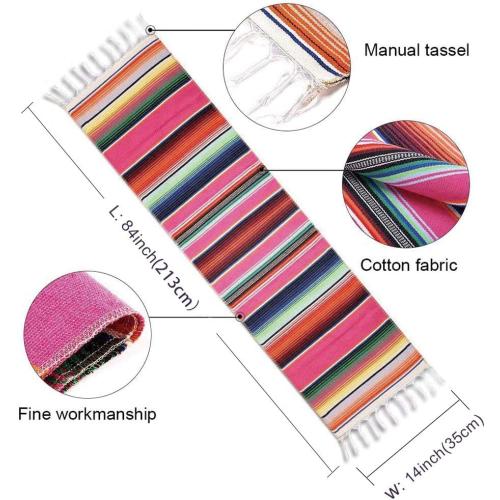 Fowecelt Mexican Serape Table Runner 14 x 84 Inch for Mexican Party Wedding Decorations Outdoor Picnics Dining Table, Fringe Cotton Table Runners