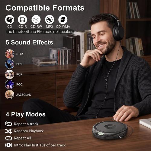 Gueray CD Player Portable with Earphones, CD Discman AUX Cable for Car Home