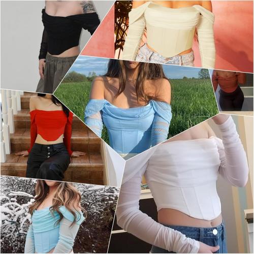 Size S/M..Corset Tops for Women Off The Shoulder Crop Long Sleeve Bustier Boned Concert Going Out Tops
