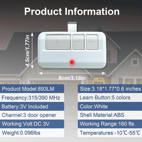 1 for Chamberlain Craftsman LiftMaster Garage Door Opener Remote, Replaces 893LM 893Max 891LM 371LM 373LM 971LM 973LM, no Wait Wireless Remote Keyless Entry, Safe Security(White)