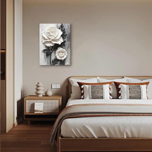 Framed Wall Art Canvas Wall Art White Rose Floral Framed Canvas Wall Single Piece Sculpture Wall Decor for Living Room Bedroom Office Modern Home Art Elegant Floral Art 12x16 Inch