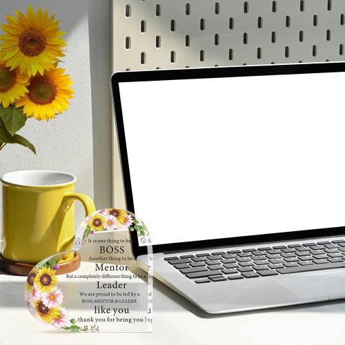 Yulejo Christmas Gift for Boss Work Boss Day Gifts for Women Men Heart Shape Acrylic Plaque Boss Paperweight Gift Thank You Boss Lady Office Desk Gift for Birthday Appreciation Retirement (Sunflower)