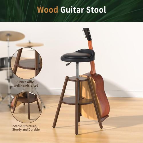 Ackitry Wooden Guitar Stool with Height Adjustable, Guitar Chair Seat with Guitar Strap, Padded Cushion, Footrest for Guitar Player Musician Adults, Guitar Stand Holds Acoustic Electric Guitars Bass