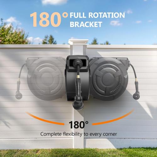 wikiwiki Retractable Garden Hose Reel 1/2 in x 100 ft, Heavy Duty Wall Mounted Hose Reel with 10- Function Sprayer Nozzle, Automatic Slow Return System/180°Swivel Bracket/UV Resistant (Black)