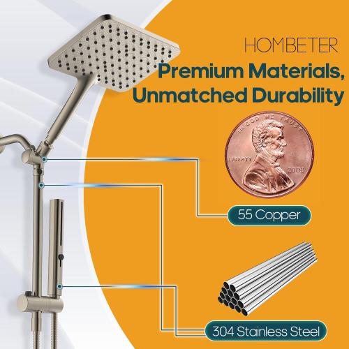 Shower Heads with Handheld Spray Combo Brushed Nickel, 10 Inch High Pressure Rain/Rainfall Shower Head, Height Adjustable Dual 2 in 1 Shower Head System with Stainless Steel Hose