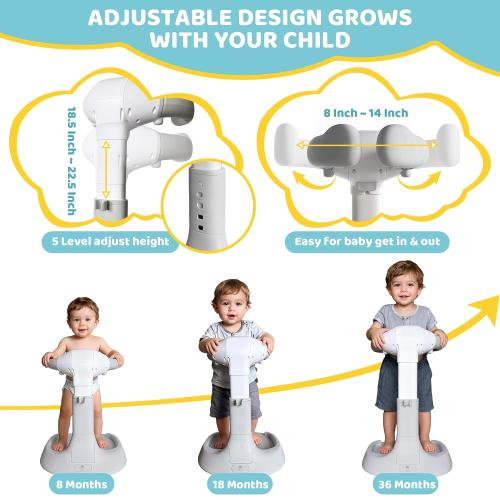 4our Kiddies Foldable Baby Shower Standing Support for Toddlers & Infants 8-36 Months, No Setup Anti-Slip Bath Stand Holder, Adjustable Height, Portable Travel & Storage, Easy Clean, Grey
