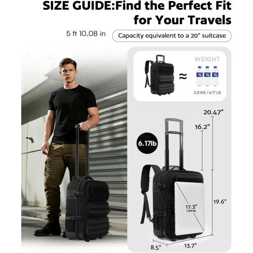 Rolling Tactical Laptop Backpack, 17 Inch Wheeled Military Computer Backpack for Men and Women, Roller Carry on Luggage for Work Travel, Overnight Molle Outdoor Hiking Bag with Wheels, Black