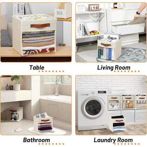 Cream and Brown HNZIGE 11 Inch Cube Storage Bin - Fabric Storage Organizer, Clear Canvas Collapsible Cubby for Home (Cream, 4 PCS)