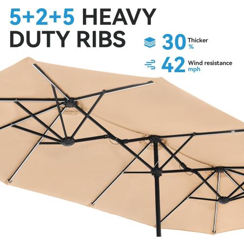 GREEN PARTY 13 ft Rectangle Patio Umbrella with Solar Lights, Double-Sided Market Table Umbrella with Crank, Large Outdoor Umbrellas for Patio Poolside Garden Backyard, Beige