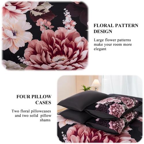 Black-Gray Floral Comforter Set Queen Size 7 Pieces Peony Bed in A Bag Ornate Elegant Botanical Flower Bedding Set for Women Home Decor(Black-Gray, Queen)