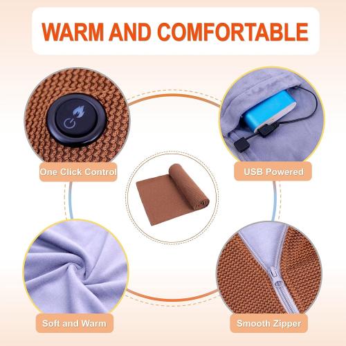 Portable Cordless Electric Heated Blanket Battery Operated, USB Heated Warming Wearable Wraps Blanket Shawl for Car, Home, Office, Travelling, Wireless Battery Heated Zipper Washable (Brown)