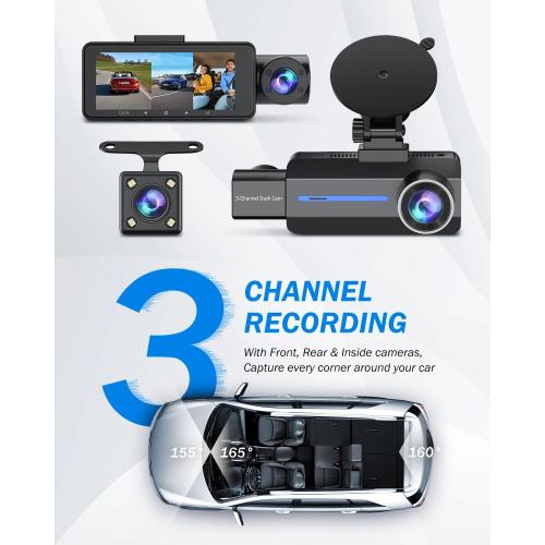 Dash Cam Front and Rear, 2.5K 1440P Triple Car Camera with 32GB Card, 3 Channel Dash Camera for Cars, G-Sensor, 3.16” IPS Screen, 24Hr Parking, 170°Wide Angle, Loop Recording, IR Night Vision, Blue