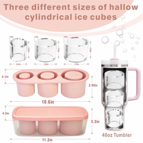 2pc Tumbler Ice Tray for Stanley/Yeti/Simple Modern etc. 30-40oz Tumblers, Silicone Ice Cube Tray for Tumblers with Bin and Lid, Pink