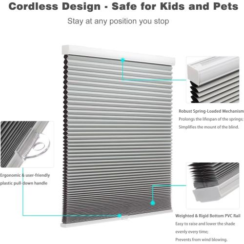 MYshade Blackout Cordless Cellular Shades Honeycomb Shade for Indoor Windows Room Darkening Blinds for Home Office Pull Down Window Shades Easy to Install 31.5 inch Wide, H72 Grey Pleated Shade