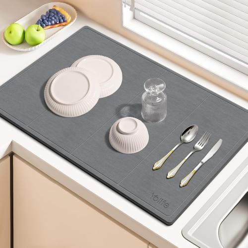 Yolife Extra Large Stone Drying Mat for Kitchen Counter, 23.7 x 15.4 Kitchen Stone Dish Drying Mat, Quick Drying Diatomaceous Earth Dish Drying Mat, Stone Dish Mat with Non Slip Pad (Grey)