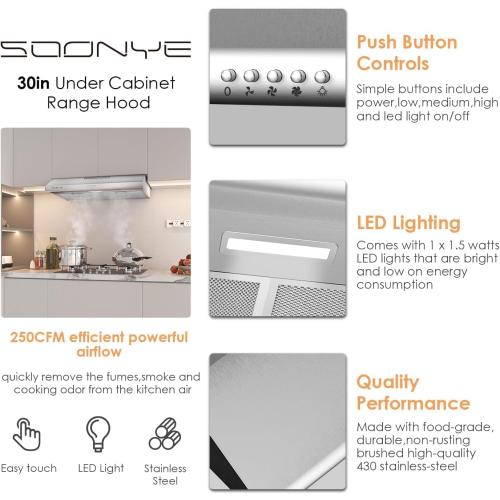 30 inch Stainless Steel Under Cabinet Range Hood, Slim Kitchen Vent Hood Ducted/Ductless Convertible with 3 Speed Controls, 5-Layer Aluminum Filters,LED Lights