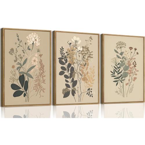 Vintage 3 Piece Floral Canvas Wall Art Framed Wildflower Wall Decor | Neutral Farmhouse Botanical Wall Painting Modern Floral Art Prints For Living Room Bedroom Office 16x24inch