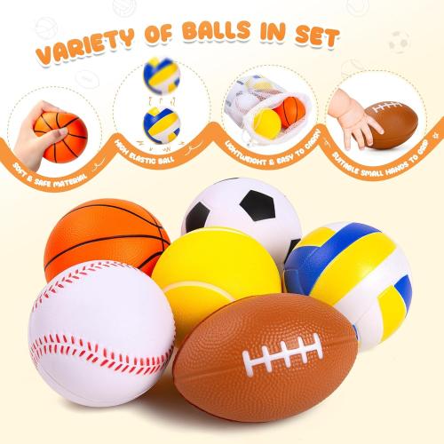 Balls for Toddlers Babies, Soft Baby Toys, 6 Pack 3.5 Foam Balls Kids Sports Set, Small Soccer Basketball Baseball Football Volleyball Tennis, Indoor Outdoor Toys Games Gifts for Boys Girls