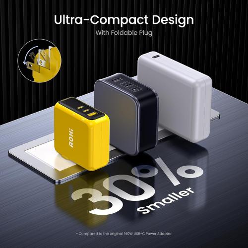 Yellow AOHI Magcube 140W USB C Charger PD3.1 3-Port GaN  Laptop Wall Charger 100W Fast Charging Power Adapter Foldable Plug for MacBook Pro 16'', Dell XPS, iPad Pro, Galaxy, iPhone 15 Pro, Chromebook, Yellow