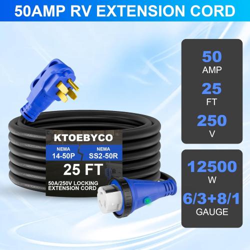 50 Amp RV Extension Cord 25 ft 250V Heavy Duty STW 6/3 8/1 Gauge Pure Copper RV Power Cord, Twist Lock ETL Listed NEMA 14-50P to SS2-50R Cable with Power Indicator& Polarity Lamp