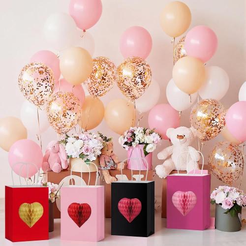 Eaasty 12 Pcs Valentine's Day Gift Bags with 3D Heart Honeycomb Large Galentines Gift Bag with Handle Colorful Kraft Paper Bags Heart Goodie Candy Tote for Valentines Wedding Party Favors Supplies