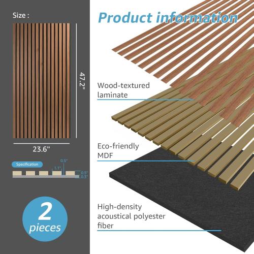 Size Large Color Brown Art3d 2 Wood Slat Acoustic Panels for Wall and Ceiling - 3D Fluted Sound Absorbing Panel with Wood Finish - Walnut