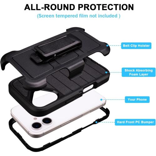 Black for iPhone 16 Case with Belt Clip Holster, Heavy Duty Rugged Military Grade Shockproof Cases for iPhone 16 Case Protective Cover with Kickstand 6.1 Inch