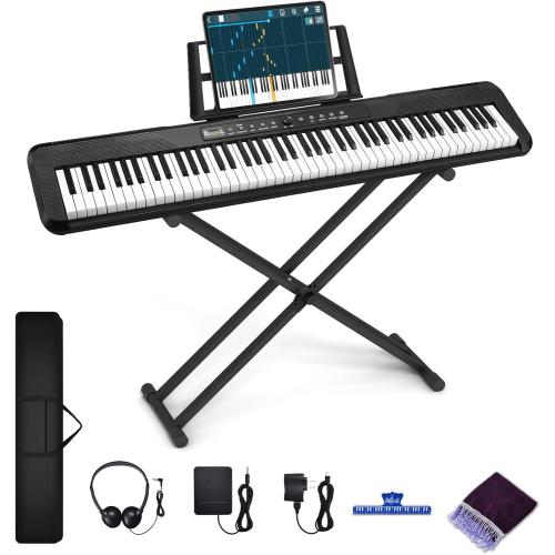 88 Key Digital Piano, Electronic Keyboard Piano with Music Stand, Power Supply, Sustain Pedal, Stand, Bluetooth, MIDI, for Beginner Professional at Home, Stage