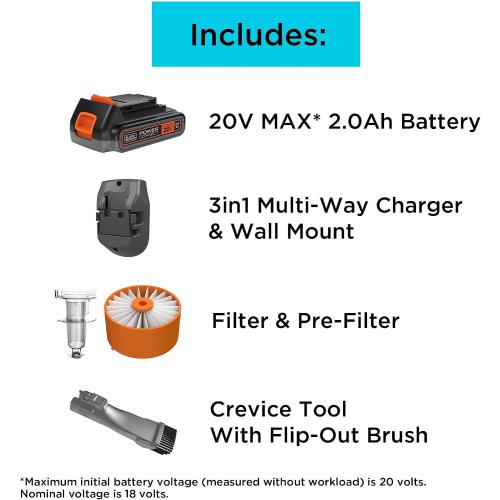 BLACK DECKER Cordless Vacuum, Powerseries Extreme, Stick Vacuum Cordless Rechargeable, Interchangeable Floorhead with Crevice Attachment, 3 Speed Control, Lightweight, Blue (BSV2020G)
