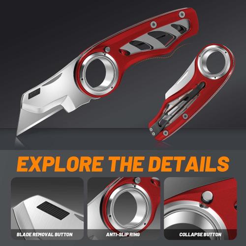 Folding Utility Knife Pocket Knife, Heavy-Duty Box Cutter with Aluminum Body, Quick Change Blades, Anti Slip Finger Loop, Box Cutter for Home, Office, Warehouse, Durable Razor Knife, Box Knife - Red
