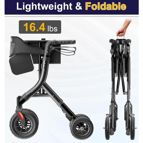 HOMLAND Foldable Rollator Walker for Seniors with Seat, Black | 10 All-Terrain Wheels, Curb Climber, 16.4 lb Lightweight, Lockable Brakes, 300 lbs Capacity
