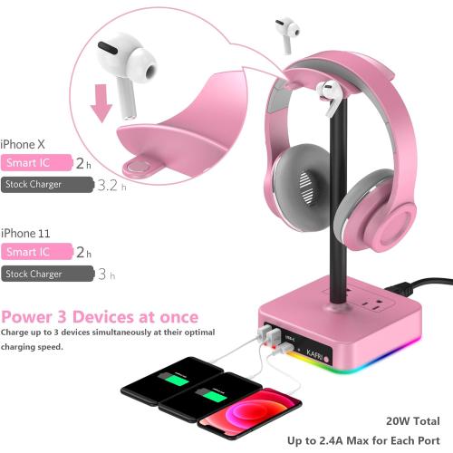 KAFRI RGB Headphone Stand with USB Charger Desk Gaming Headset Holder Hanger Rack with 3 USB Charging Port and 2 Outlet - Suitable for Gamer Desktop Table Game Earphone Accessories Girlfriend Gift