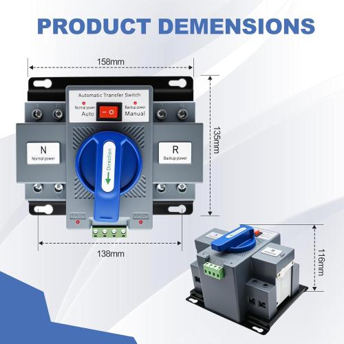 220V 2P 63A Dual Power Automatic Transfer Switch, Generator Changeover Switch 50Hz/60Hz with Automatic and Manual Switching Modes