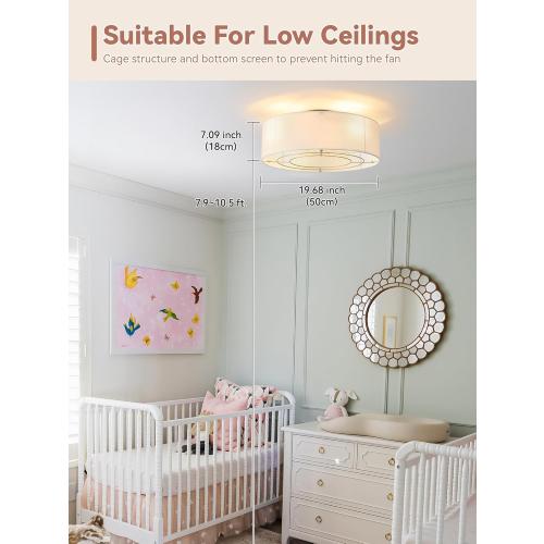 Low Profile Ceiling Fans with Lights, 20 Boho Rattan Ceiling Fan with Light Flush Mount and Remote Control, Drum Caged with 6 Speeds for Bedroom, Nursery, Living Room