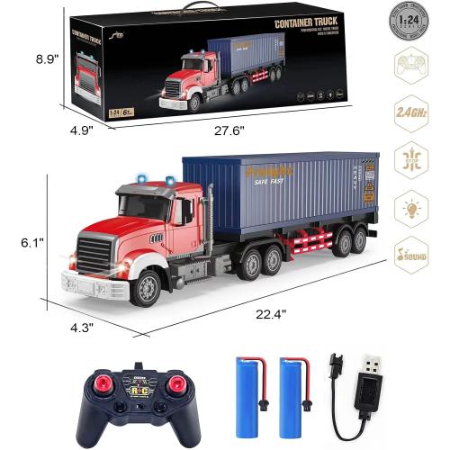 RC Semi Truck with Trailer - 22.5 Inch Semi Truck Toy for Kids, Carrier Van Transport Vehicle with 2 Rechargeable Batteries, 1:24 Container Trucks with LED Lights & Music, Great Gift For Boys Girls