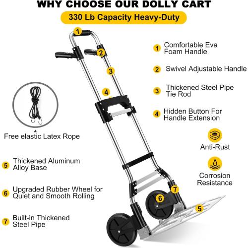330 LB Capacity Folding Hand Truck Dolly Cart, Portable Aluminum Dolly Cart with Telescoping Handle and Rubber Wheels for Moving,Shopping,Travel,Office Use