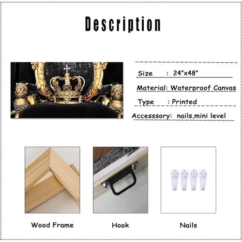 Saypeacher Vintage Gold Crown Canvas Wall Art Black and Gold Pictures for Wall King and Queen Crown Painting for Bedroom Modern Decorations 24x48