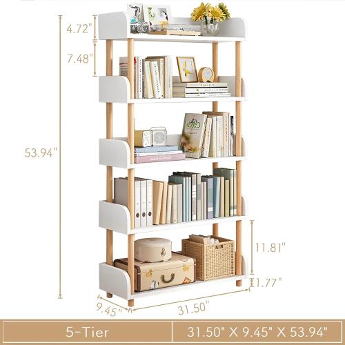 OSCHF 5-Tier Wooden Open Bookcase - Modern Display Bookshelf with Top Edge and Solid Wood Frame for Home and Office, Storage Cabinet, Warm White