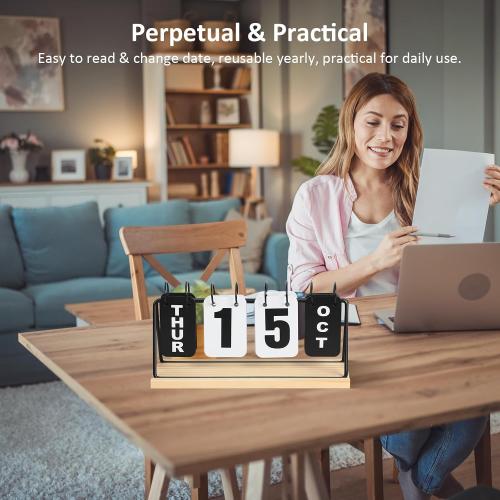 Metal Desk Calendar Standing Flip with Wooden Base, Daily Perpetual Flip Calendar with Large Display, Modern Farmhouse Desktop Calendar for Home Office Decor, Reusable and Foldable