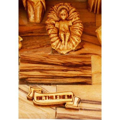Olive Wood Nativity Set with Figurines – Natural Bark Roof Stable – Handmade Christian Christmas Decoration – Holy Land Gift – Made in Bethlehem – Religious Manger Scene Display