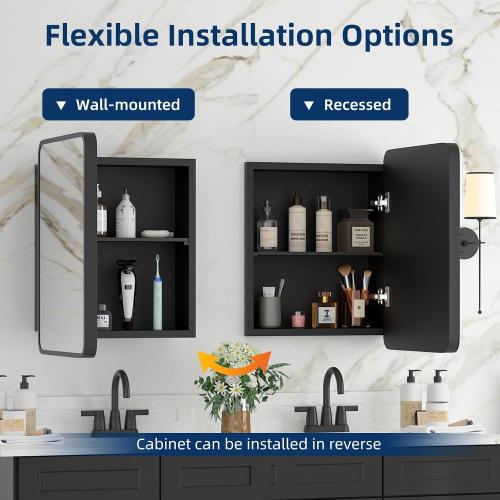 Medicine Cabinet with Mirror, 14x18 Inch Black Bathroom Mirrored Cabinet, Metal Framed Wall Cabinet with Beveled Mirror, Modern Surface Mount or Recessed Medicine Cabinet with Storage