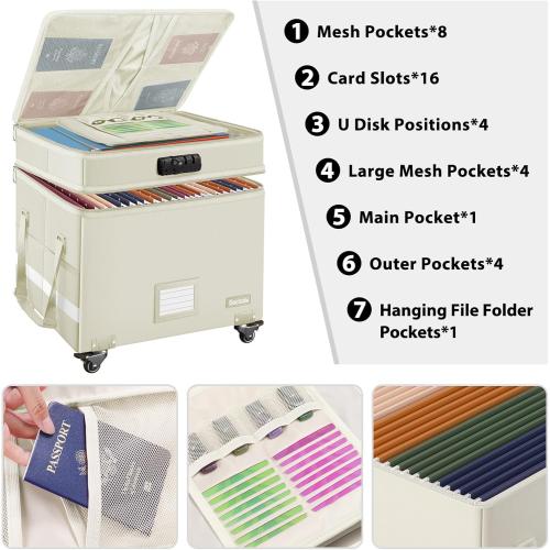 Beige,16''x13.8''x12.2 DocSafe Fireproof Document Box with Lock,2-Layer File Box with Wheels,Collapsible File Storage Organizer with Pockets,Large Portable Office Filing Cabinet for Hanging Folders