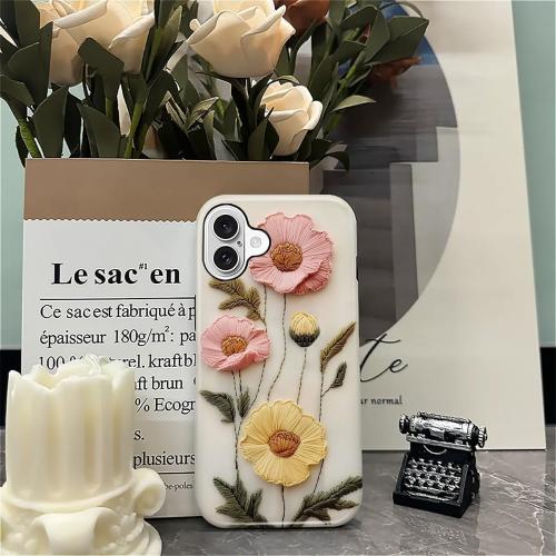 Case for iPhone 16 Case,Faux Embroidery Boho Floral Design - Hybrid Dual Protection Silicone   Hard PC Shockproof Full Body Cover Slim Anti-Scratch Protective Case for Men Women