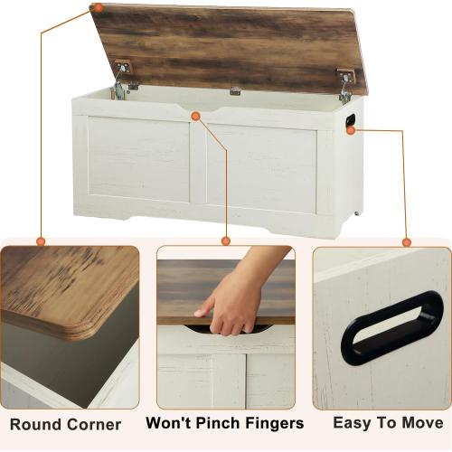 39.4 Storage Chest, Wooden Storage Bench, Lift Top Toy Chest | Large Toy Box with 2 Safety Hinges, Entryway Bench for Bedroom, Living Room, Brown and Rustic White