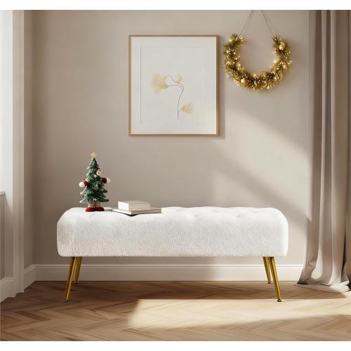 Yaheetech Modern Ottoman Bench Boucle Bench Upholstered Footrest for Living Room with Gold Metal Legs and Padded Seat Ivory
