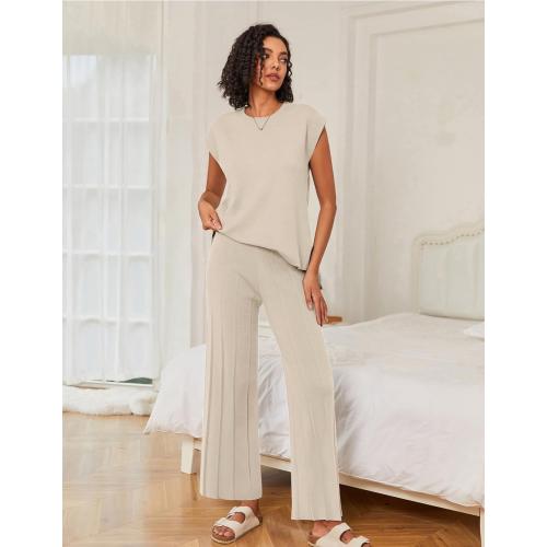 Size XS Ekouaer Lounge Sets for Women Two Piece Outfits Knit Cap Sleeve Tops Wide Leg Pleated Pants Casual Dressy Sweater Sets